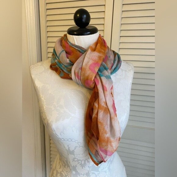Lightweight Multi-Color Summer Scarf With Orange & Teal Hues - Picture 1 of 3